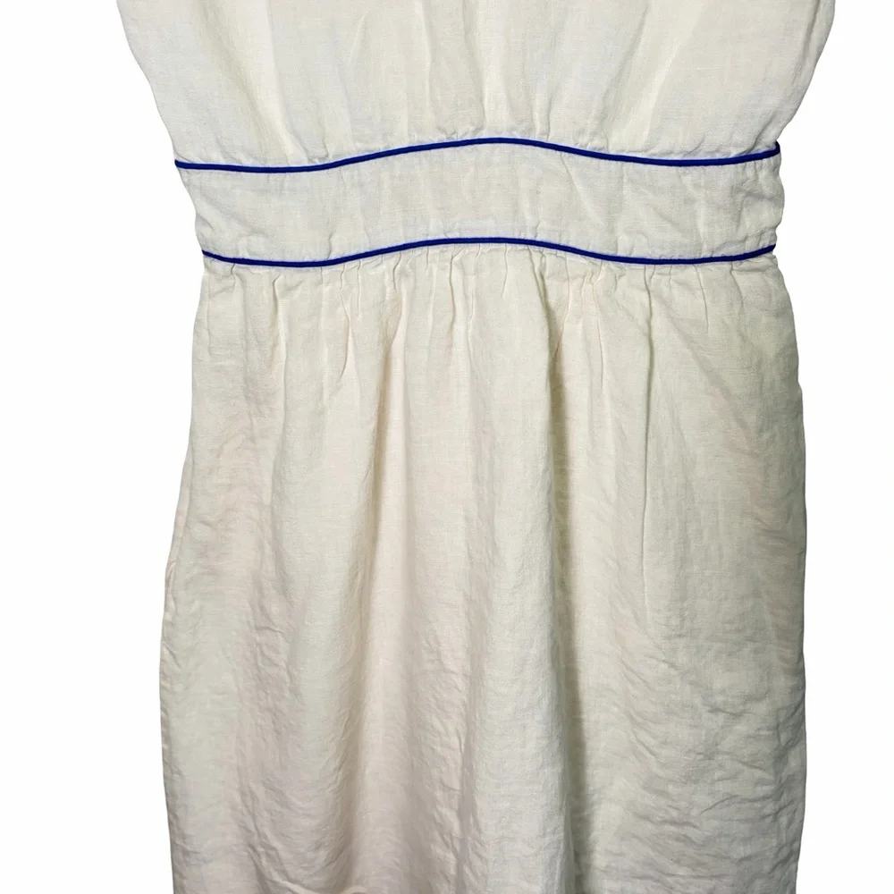 J. Crew 100% Linen Embroidered White Midi Dress with Blue Trim V-Neck, US 6 - Picture 12 of 16